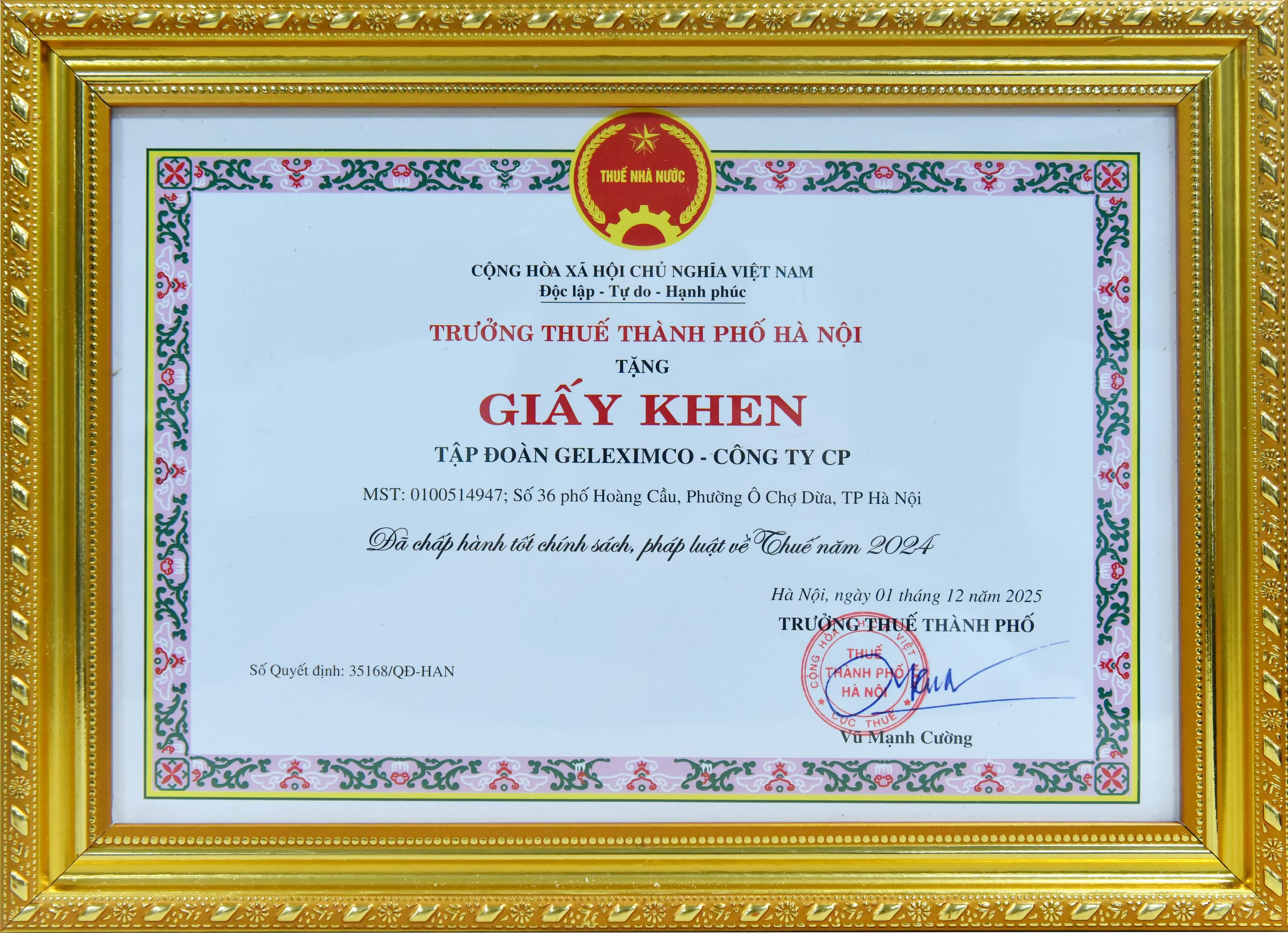 Tập đoàn Geleximco được vinh danh là doanh nghiệp nộp thuế tiêu biểu